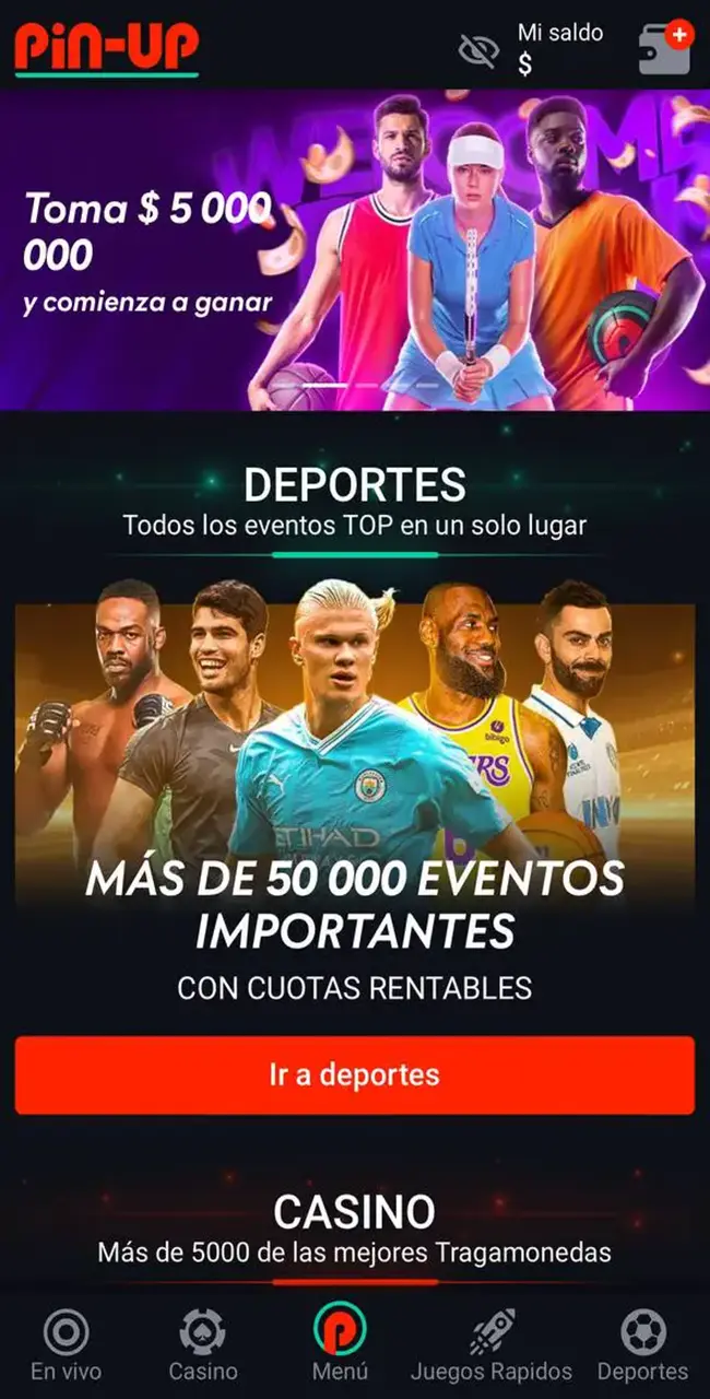 Página de inicio en la aplicación Pin-Up.