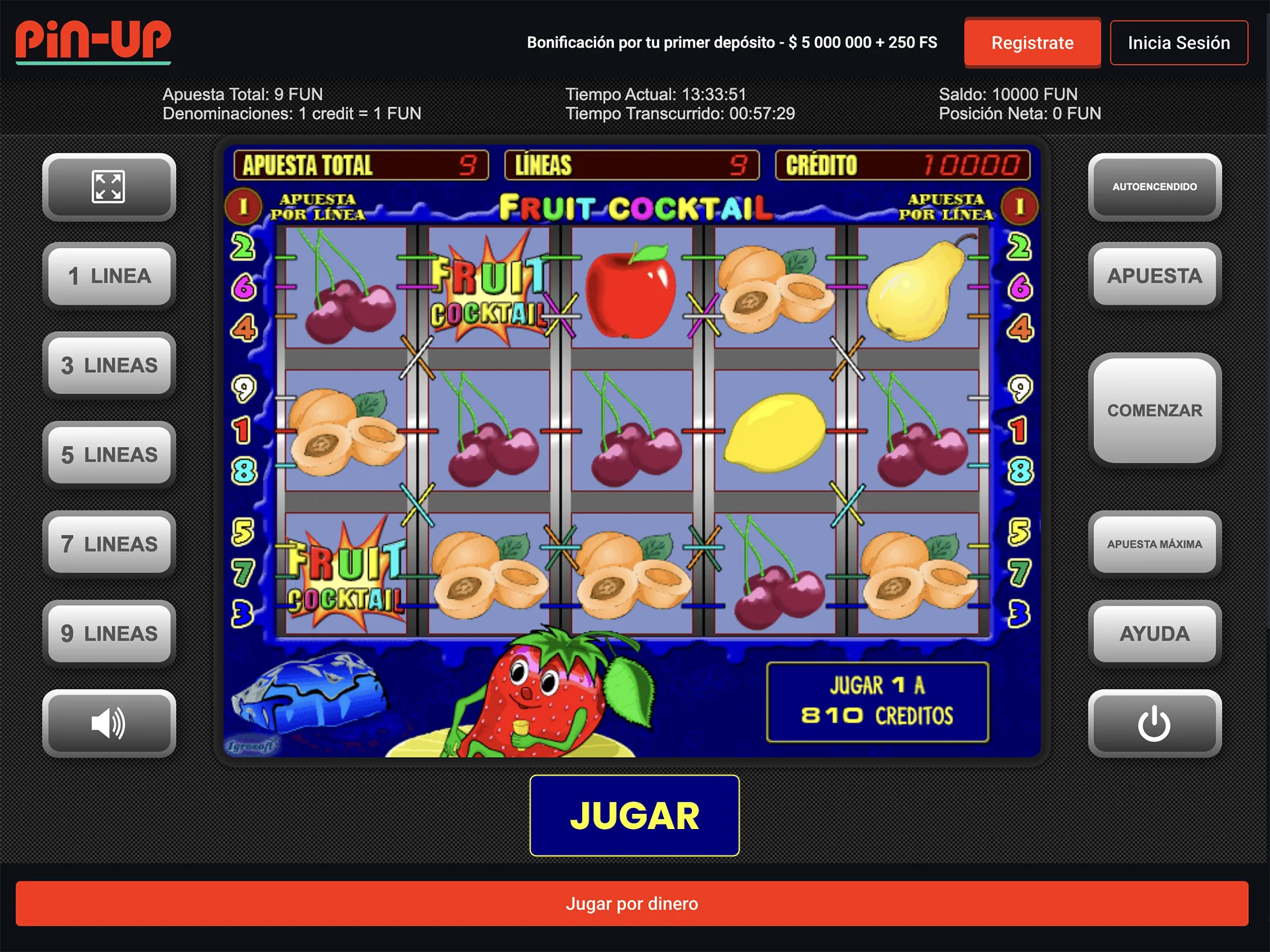 Interfaz del juego Fruit Cocktail Pin-Up.