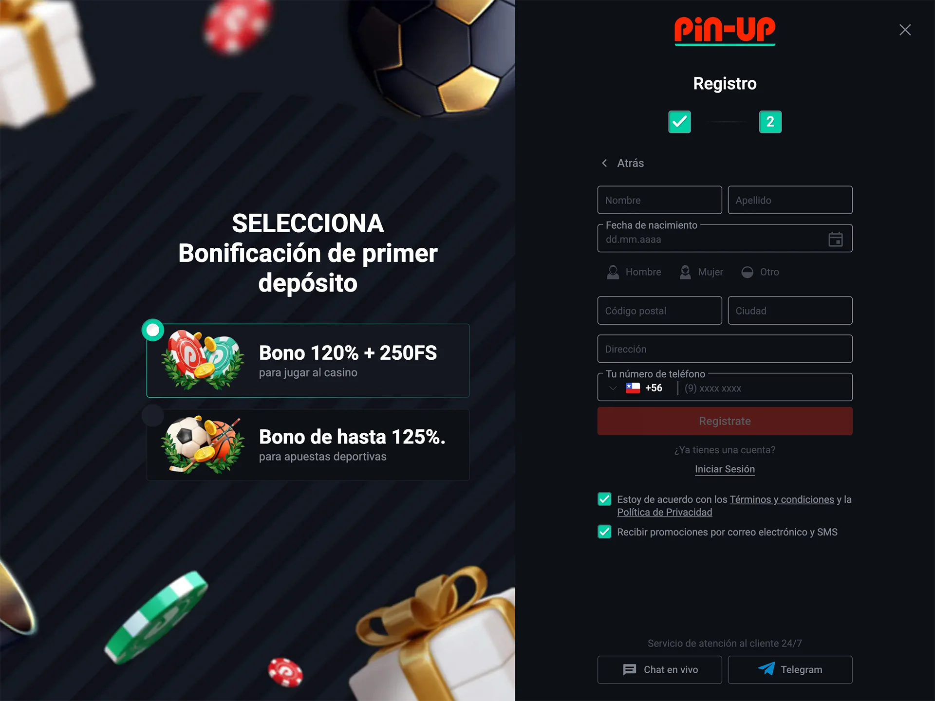 Introduzca sus datos personales en el formulario de inscripción del sitio web de Pin-Up para su verificación.